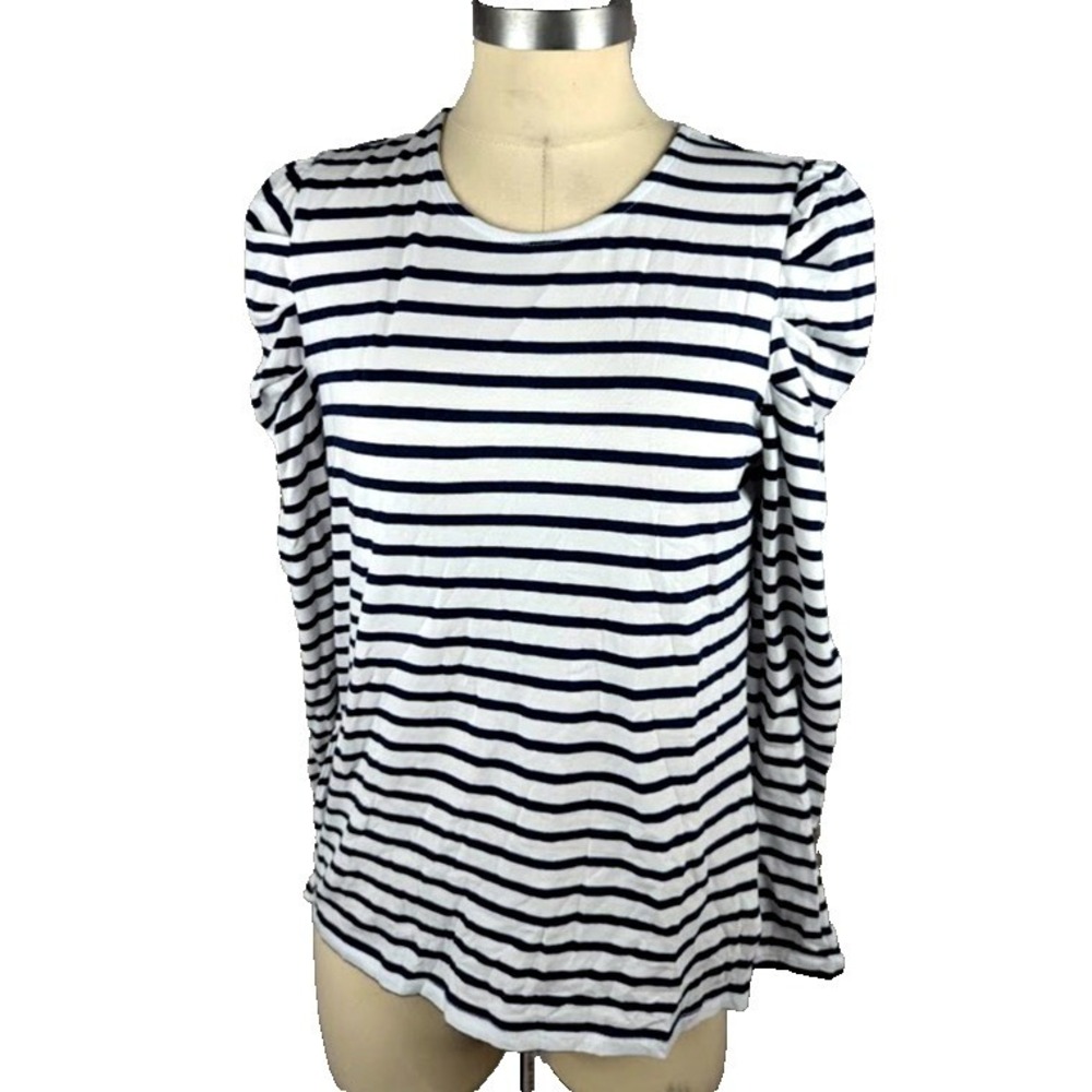 Charter Club Striped Puff-Shoulder Top Intrepid Blue White Size S Long Sleeve